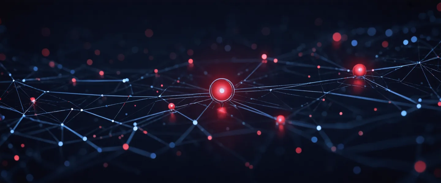 Abstract visualization of a payment conversation being intercepted mid-flow, dark network graph with a highlighted interception node